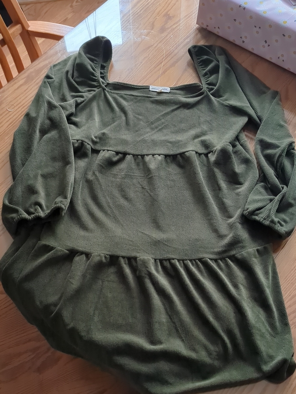 Moa Moa Olive Green Tiered Square Neck Long Sleeve Top